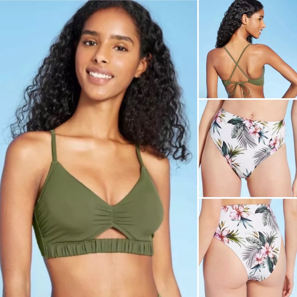 NEW! BUNDLE Shade & Shore 2-Piece Green Bikini Top & Floral High Rise XS